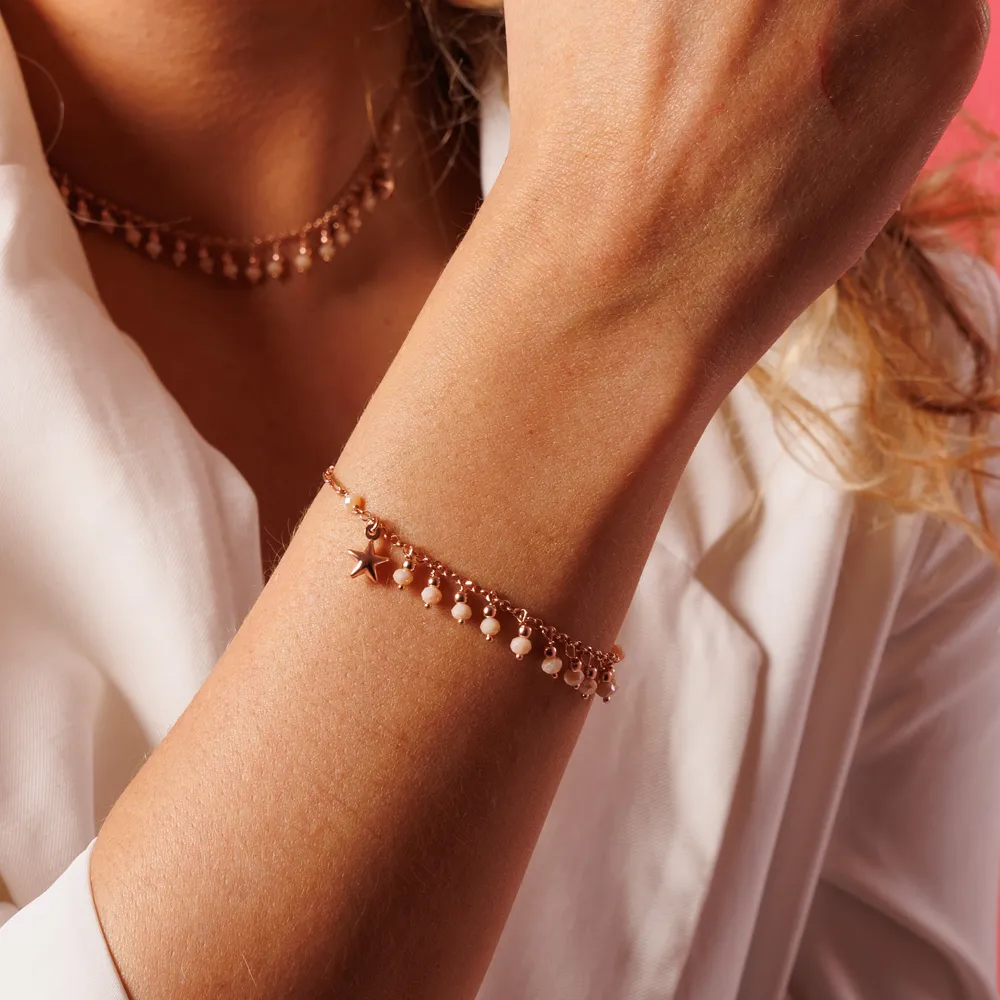 Bracciale in Argento Rosa con Pietre Beige e Stellina Pendente