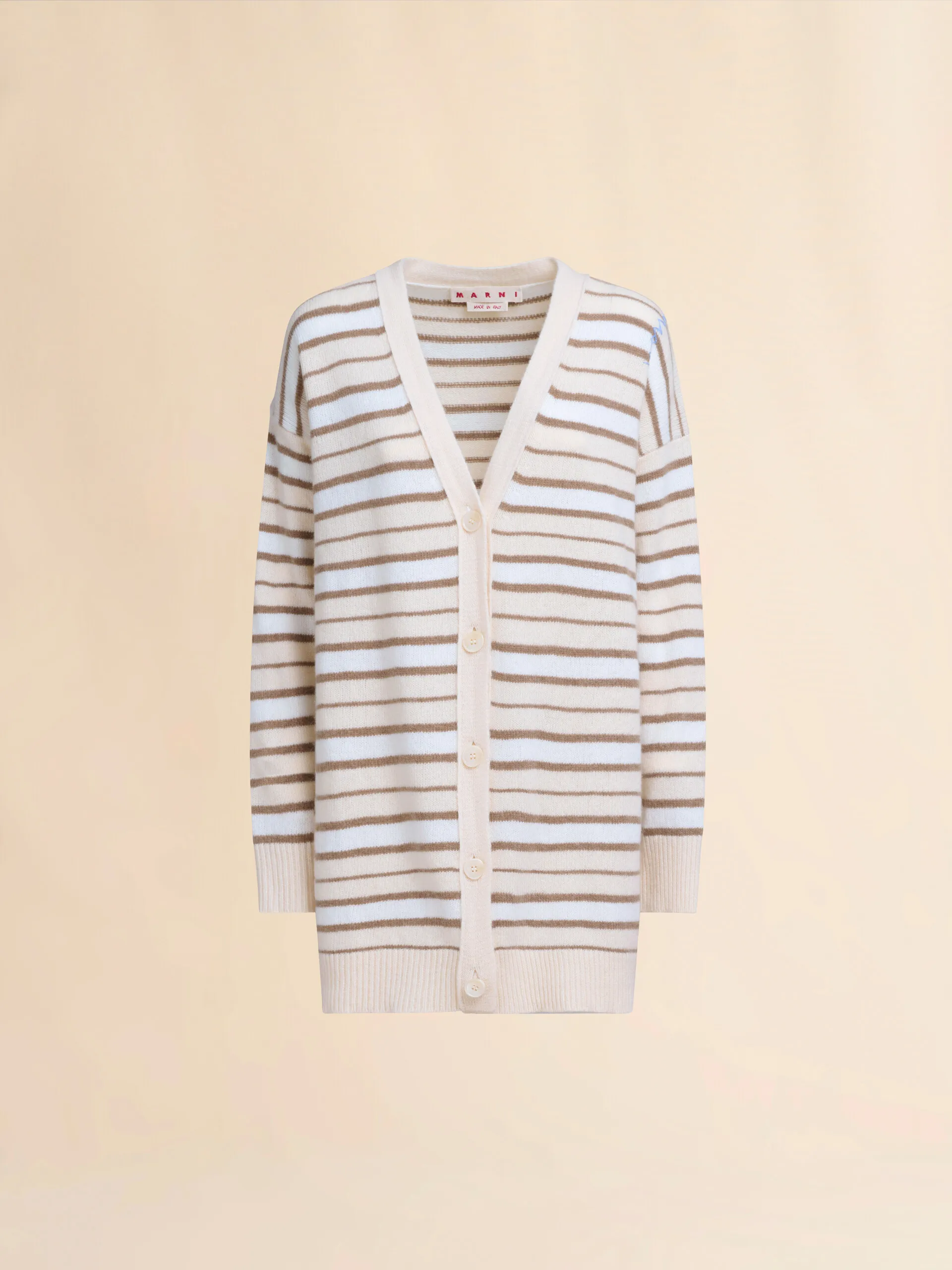 Cardigan a V in misto cashmere bianco avorio a righe