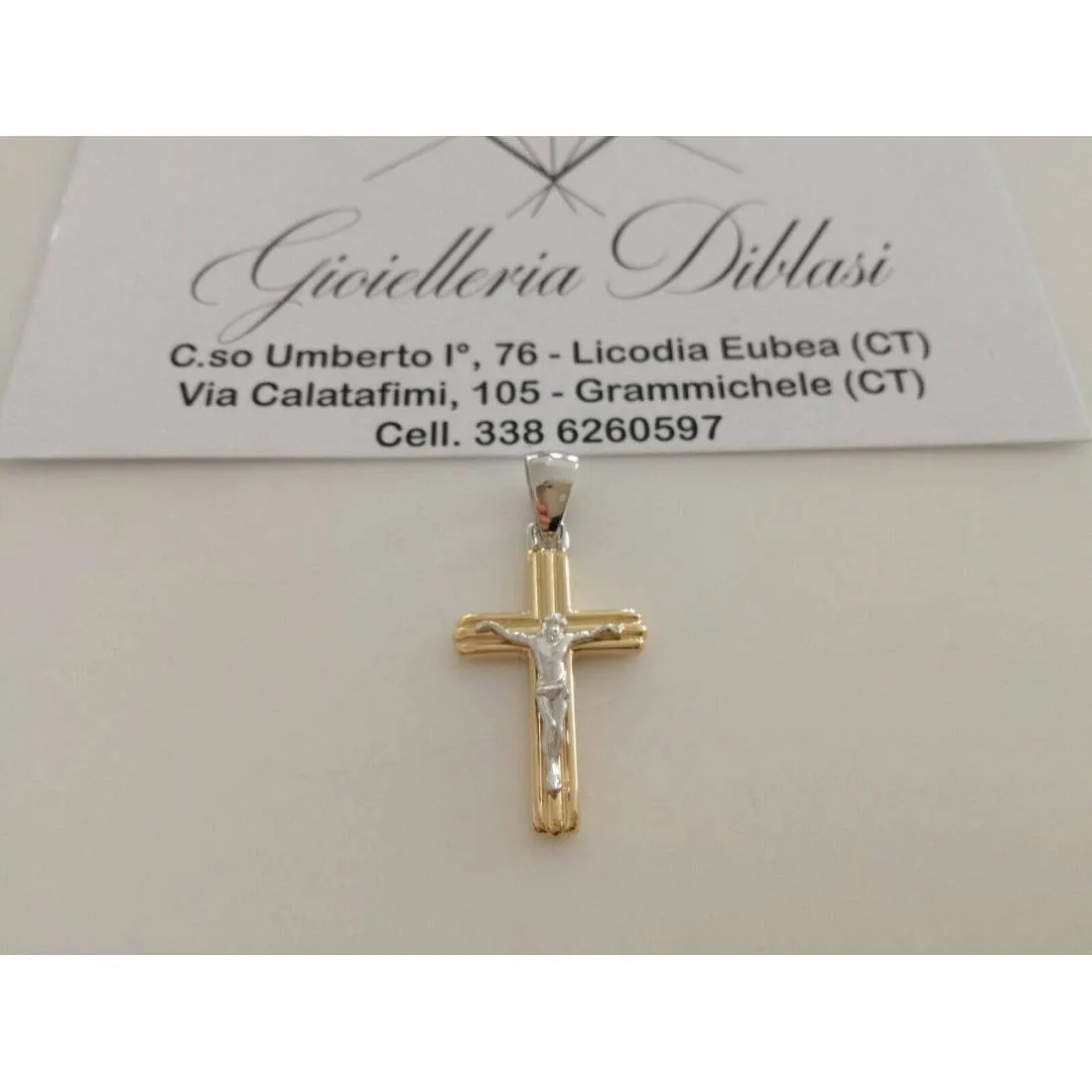 CIONDOLO CROCE Sacra CROCEFISSO CRISTO Pendente Oro 18 Kt 750% Giallo e Bianco