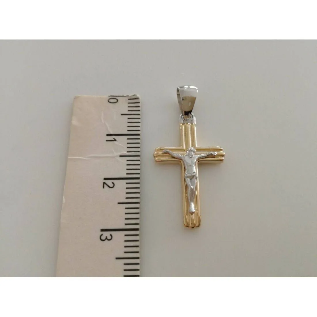 CIONDOLO CROCE Sacra CROCEFISSO CRISTO Pendente Oro 18 Kt 750% Giallo e Bianco