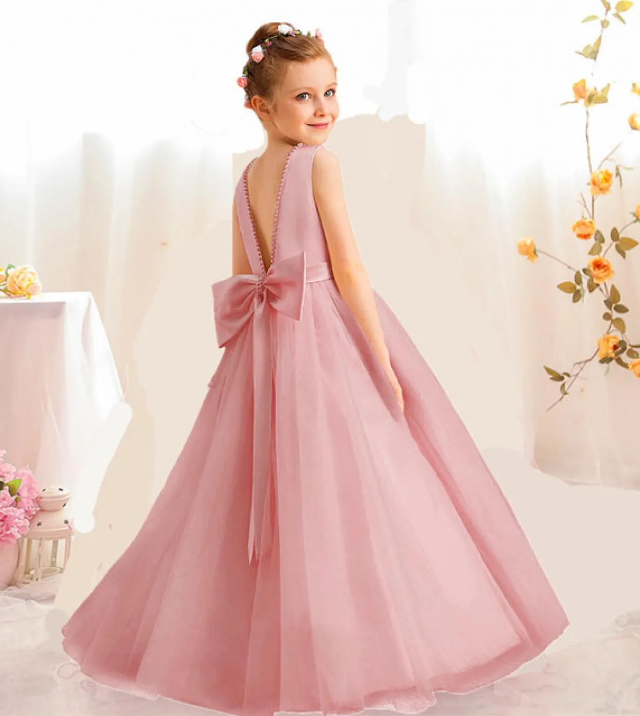 Damigella donore Ragazza Fiore Abito da sposa Elegante Kid Pizzo Formale Gala Party Abito lungo 6 14t Bambini Fiocco bianco Pri