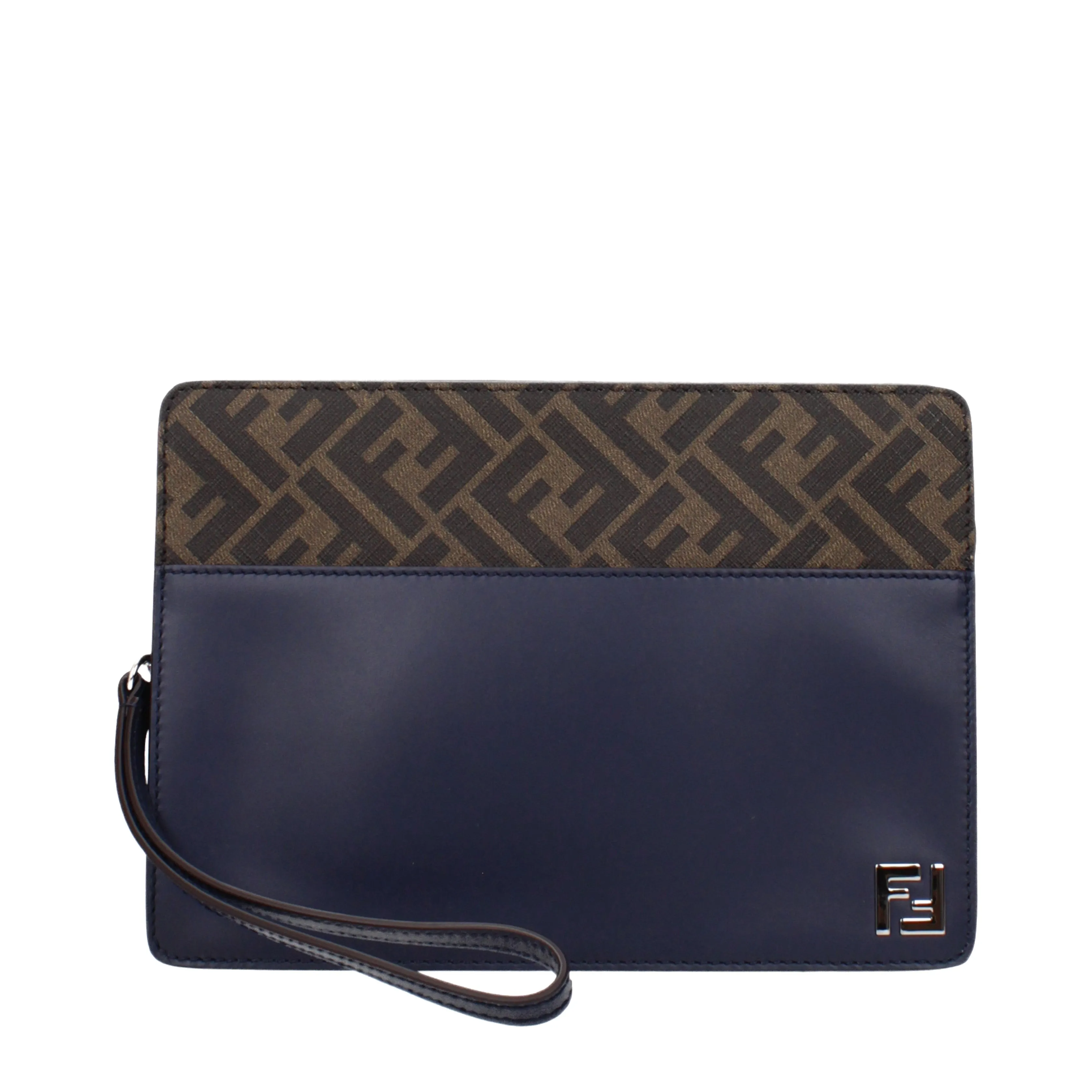 Fendi Pochette Standing Uomo Tessuto Blu/Tabacco