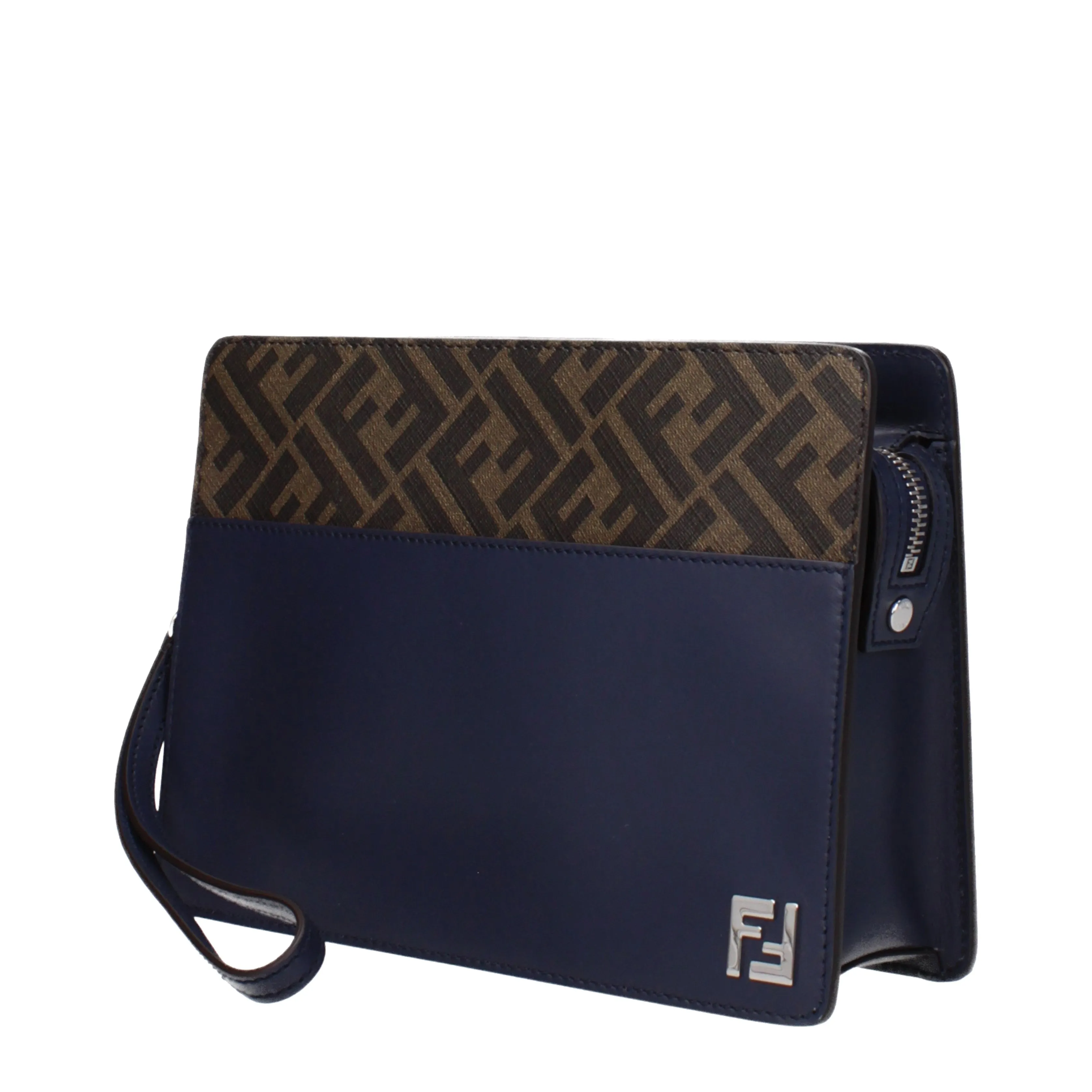 Fendi Pochette Standing Uomo Tessuto Blu/Tabacco