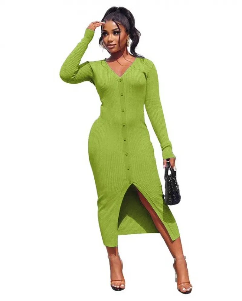 Long Sleeve Party Dresses Women Button Knitted Midi V Neck Skinny Autumn  Dresses Women Split Hem