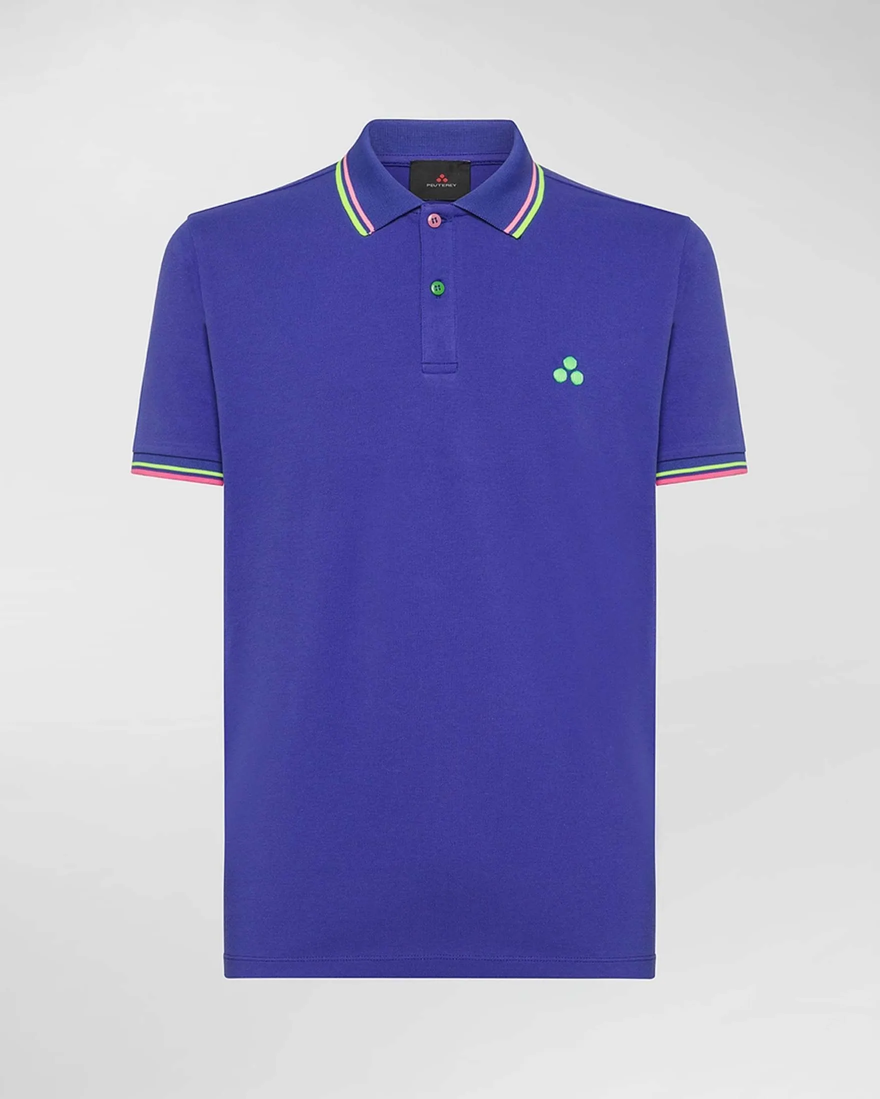 Polo blu royal mezza manica in piqué di cotone stretch con bordino giallo e rosa fluo