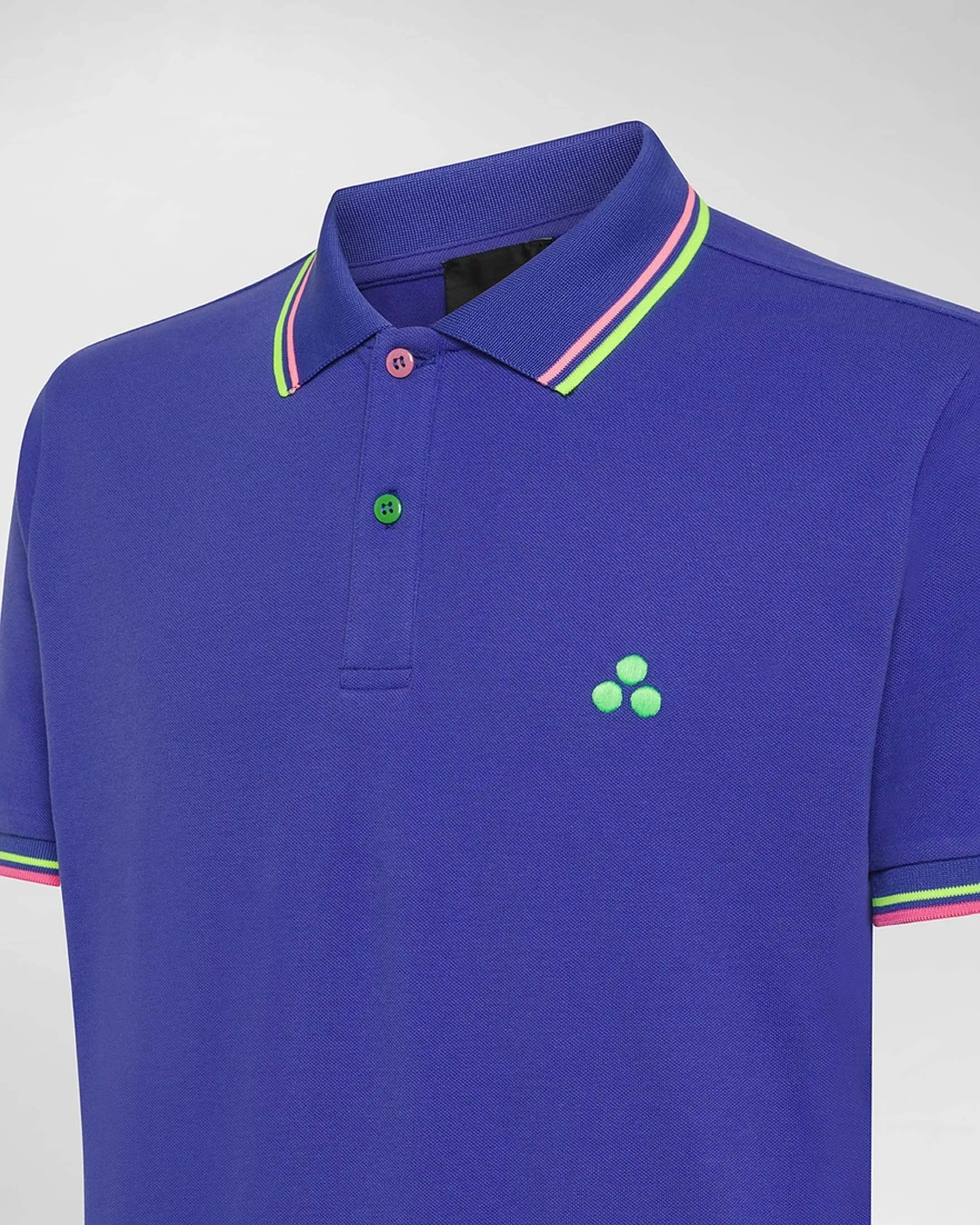 Polo blu royal mezza manica in piqué di cotone stretch con bordino giallo e rosa fluo