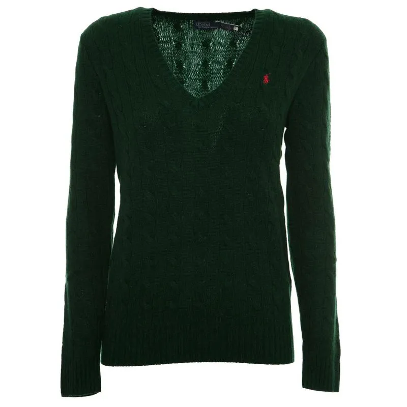 Pullover verde a V in lana e cashmere con pony 