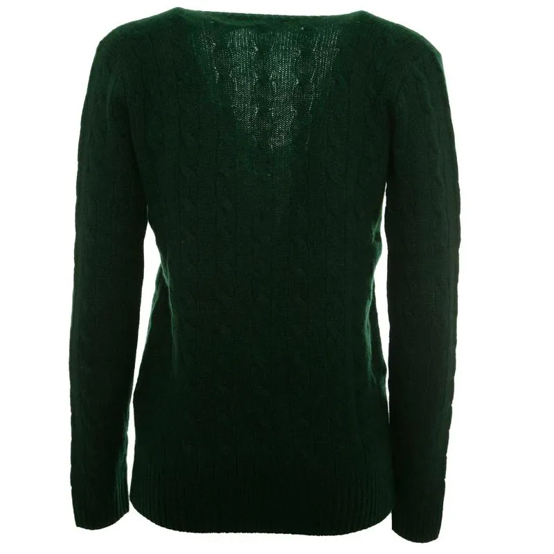 Pullover verde a V in lana e cashmere con pony 