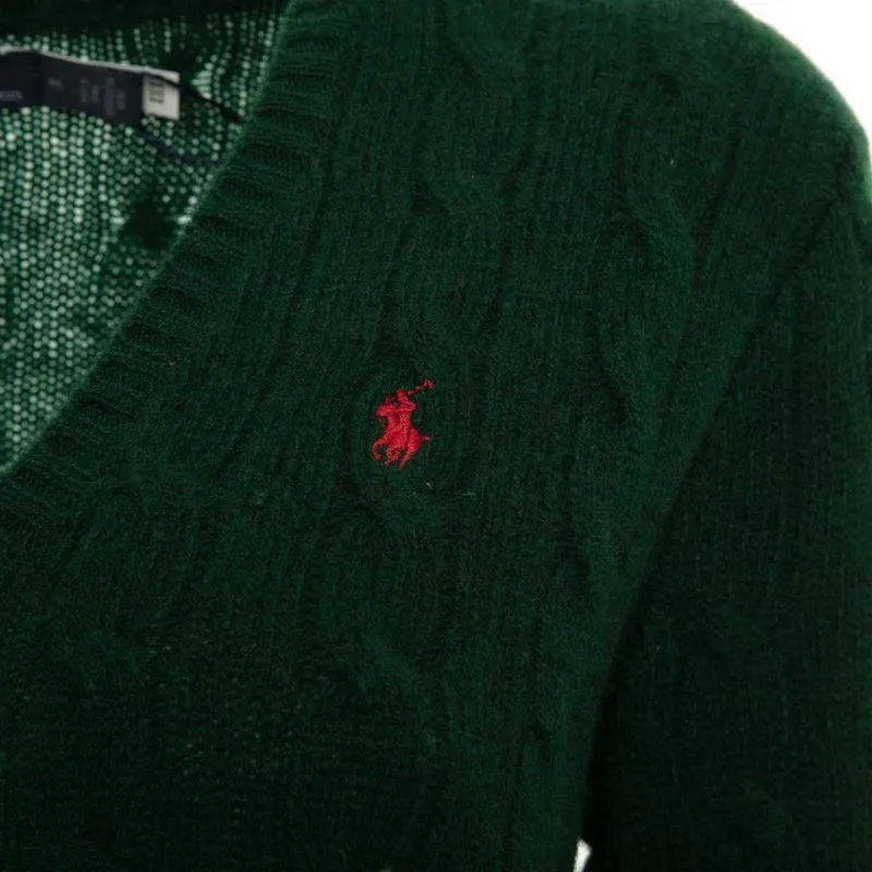 Pullover verde a V in lana e cashmere con pony 