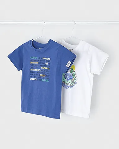 Set doppia t-shirt bianca ed indaco in cotone a maniche corte con stampe a fantasia camping 3-7 anni